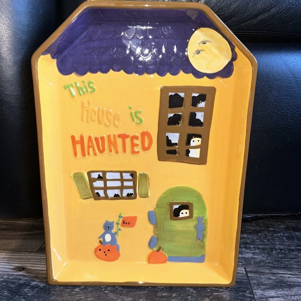 Halloween Haunted House Orange Ceramic Serving Plate Debbie Mumm for JoAnn